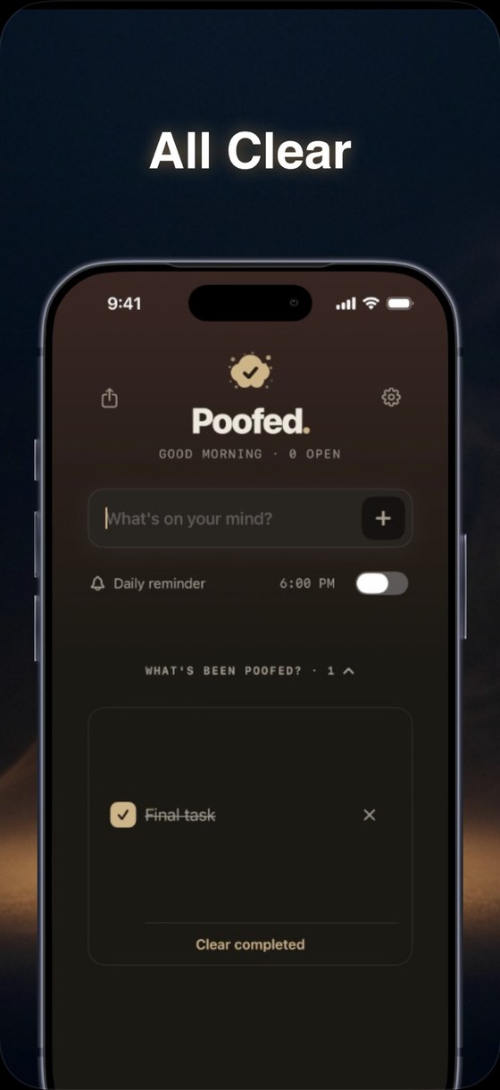 The Poofed list with everything completed and a Clear completed button.
