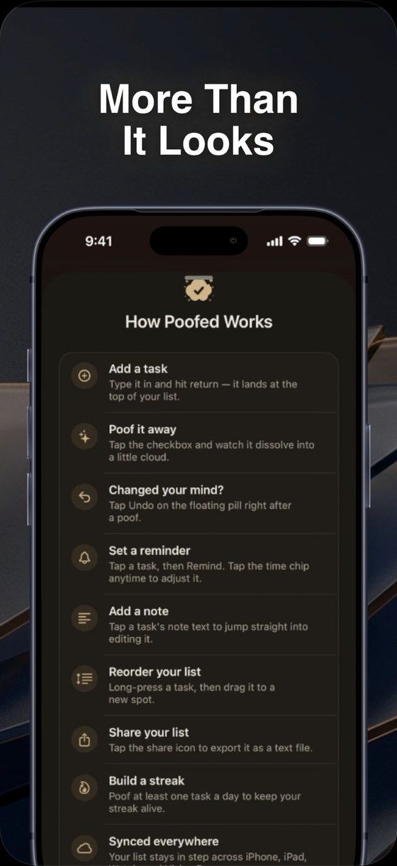 The How Poofed Works screen listing add, poof, undo, remind, note, reorder, share, and streak.