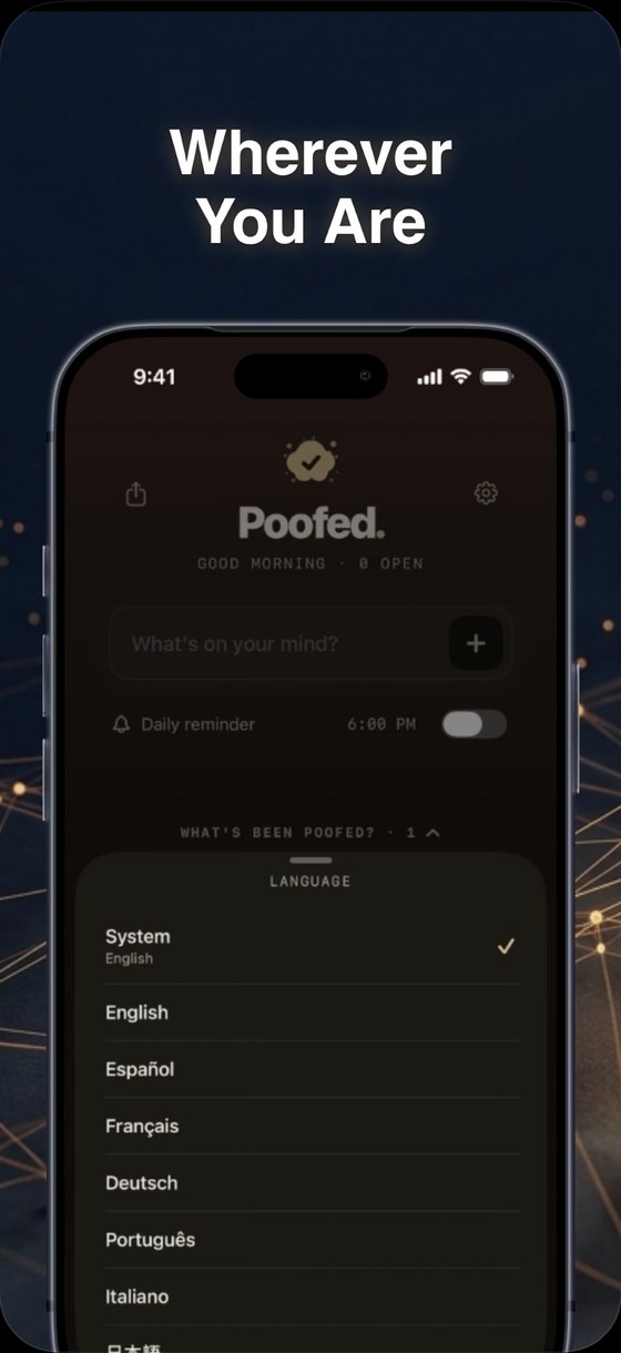 Poofed's language picker showing English, Espanol, Francais, Deutsch, Portugues, Italiano and more.